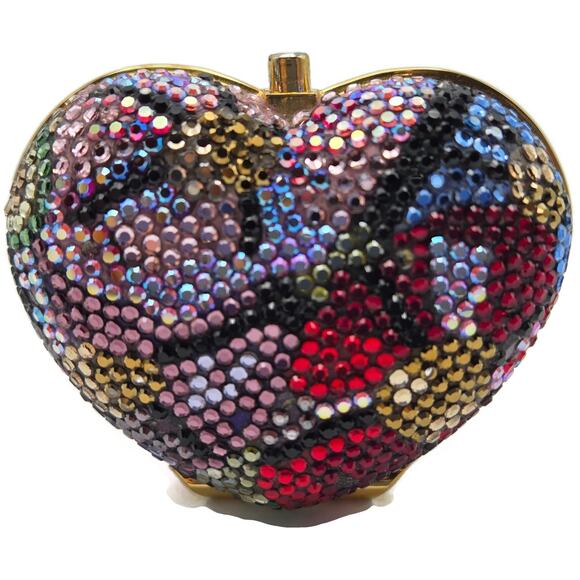Judith Leiber Heart Crystal Pill Box Multicolor Pave Gold Tone Signed 2 inches - Picture 2 of 16